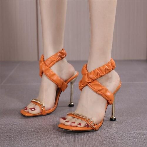2021 Summer Big Size 42 Womens Sexy Luxury Orange Sandals Square Toe Narrow Band Strap 11CM High Heels Party Dress Prom Shoes