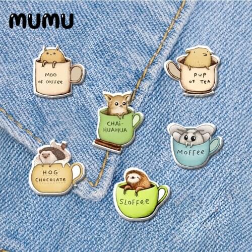 2021 New Cup of Coffee Lapel Pin Sloth Pug Acrylic Brooches Handmade Epoxy Jewelry Shirt Bag Badge