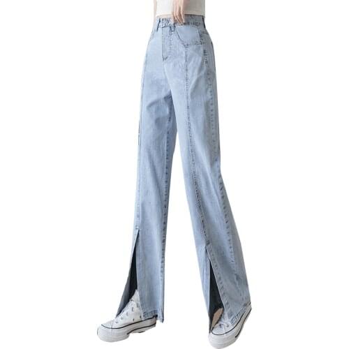 2021 Sping Women Jeans High Waist Solid Loose Denim Trousers Sexy Casual Split Straight Pants Fashion Plus Size Jean Pant P9653