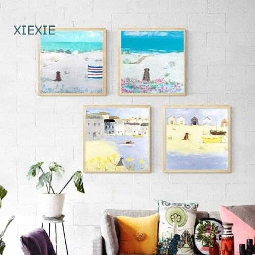 Cartoon Canvas Painting Watercolor Hand-Painted Seaside Flower Bush Pet Dog Wall Art for Kids Room Bedroom Decoration