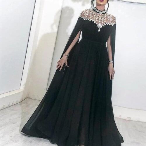 Arabic Evening Dresses High Neck Caped Crystals Chiffon Dubai Kaftan Saudi Beaded Sparkly Black Long Evening Gown Prom Dress