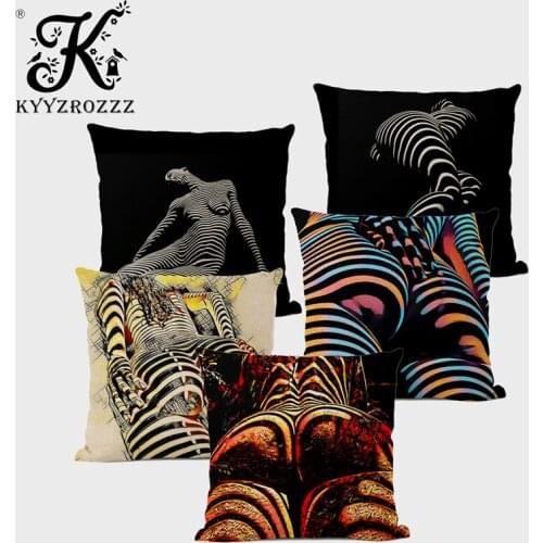 Human Geometric Stripe Art Cushion Cover Zebra Pattern Sexy Body Print Decoration Home Sofa Hotel Bed Pillowcase Funda Cojin
