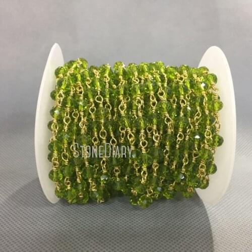 4x6mm Gold Electroplated Faceted Rondelle Beads Apple Green Glass Crystal Rosary Chain RC5026