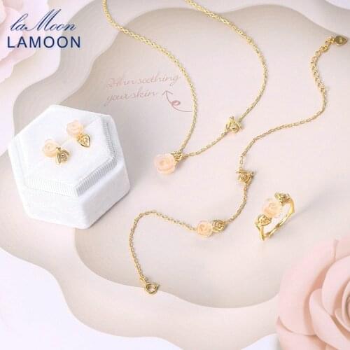 LAMOON 925 Sterling Silver Jewelry Set For Women Rose & Bee Natural Rose Quartz Flower 14K Gold Plated Fine Jewelry LMV069