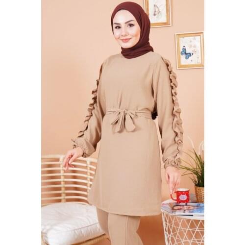 Richkeda Store New 2021 Ruffle Detailed Sleeve Two Piece Sets Tops And Pants Women Turkey Muslim Abaya Split Abaya Dresses