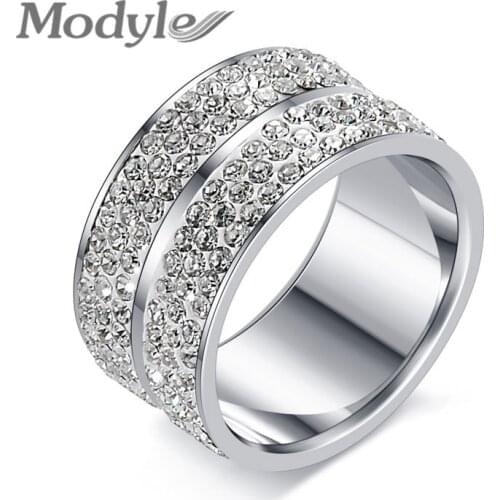 Modyle New Fashion 5 Row Lines Clear Crystal Jewelry for Women Stainless Steel Engagement Rings