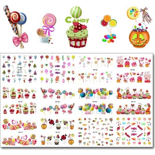 Nail 12 Sheets/Lot MT103-114 Colorful Candy Christmas Candy Cake Nail Art Water Decal Sticker For Nail Art Tattoo Decoration