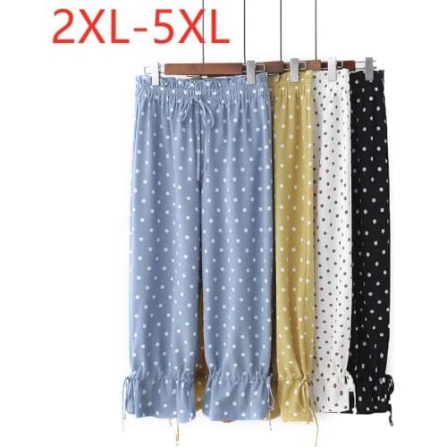 New 2021 Ladies Summer Plus Size Cropped Pants For Women Loose Casual Cotton Blue Dot Belt Straight Trousers 2XL 3XL 4XL 5XL