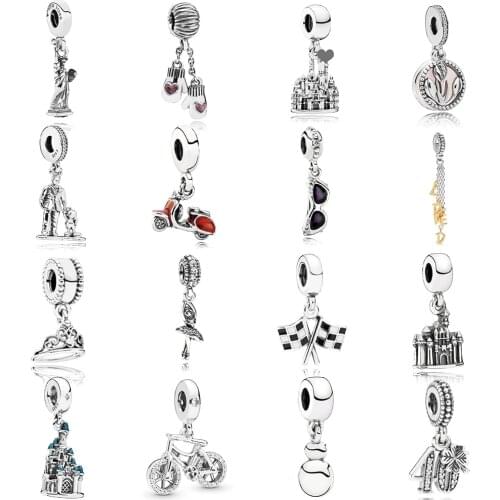 NEW 2019 100% 925 Sterling Silver Racing Finish Line Motorcycle Glasses Castle Pendant Fit DIY Original Women Bracelet Jewelry