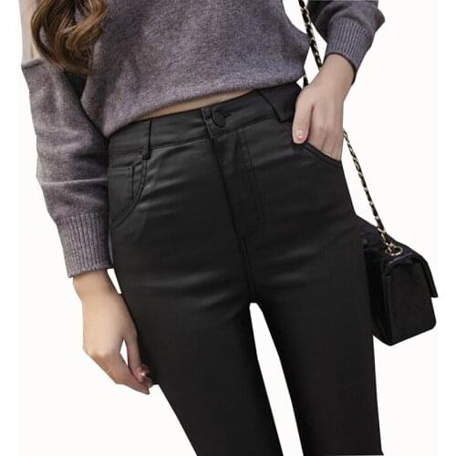 2018 Autumn Women Leather Pants Plus velvet thin section PU Elastic High Waist Trousers Slim Pencil Pants Leggings Female Black