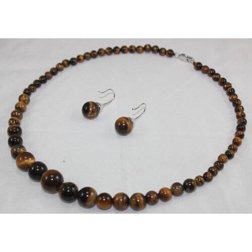 Fashion Noble 6-12mm 18" Tiger Eye Stone Necklace Stud Earrings Jewelry Set