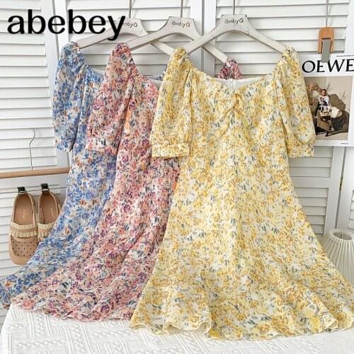 Sweet Temperament V-neck puff sleeve Dress high waist pleated waist Ruffles floral A-line dress 2021 New Summer