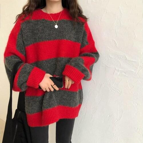 Fall 2021 Women Loose Oversized Pullovers Ladies Korean Harajuku College Simple Style Autumn Spring Streetwear Vintage Striped