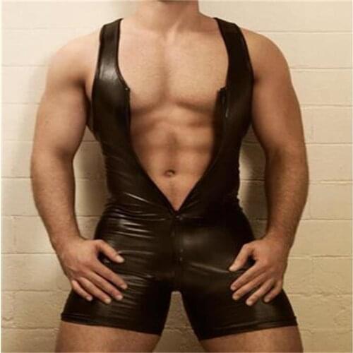 Sexy Lingerie GAY Mens Bondage Fetish Black Stretch PVC Look Latex Spandex jumpsuit Bobysuit L973