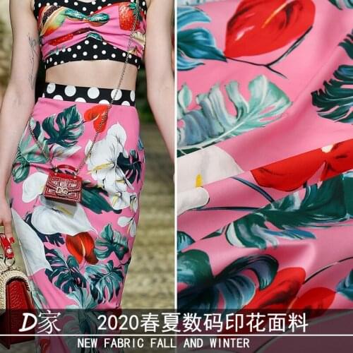 100X145cm Fashion Week Lily Printed Stretch Imitate Silk Satin Fabric For Woman Dress Blouse Sleepwear Pajamas DIY Sewing