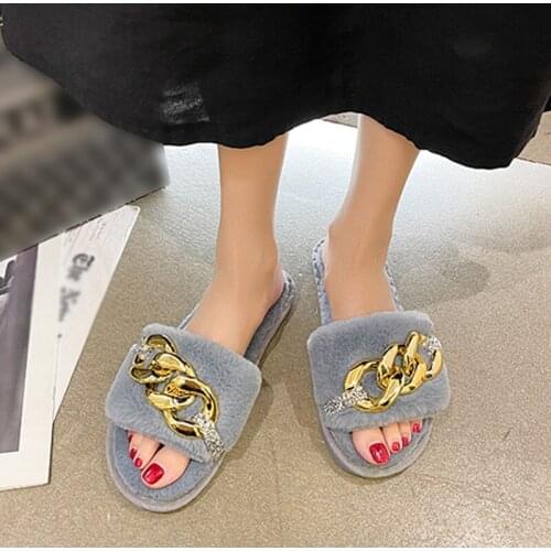 Women Slippers Open Toe Chain Warm Plush Ladies Home Cotton Shoes Female Fashion Comfortable Indoor Bedroom Womens Footwear New