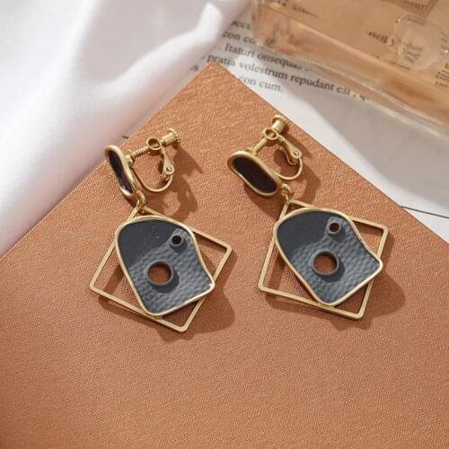 Vintage Colorful graffiti Geometric Square Irregular Hollow Clip on Earrings Matte Gold Non Pierced Ear Clips for Women Girls