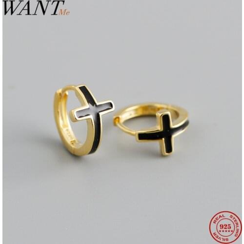 WANTME Genuine 925 Sterling Silver Vintage Religious Black Dripping Cross Earrings for Women Punk Goth Party Jewelry Accessories