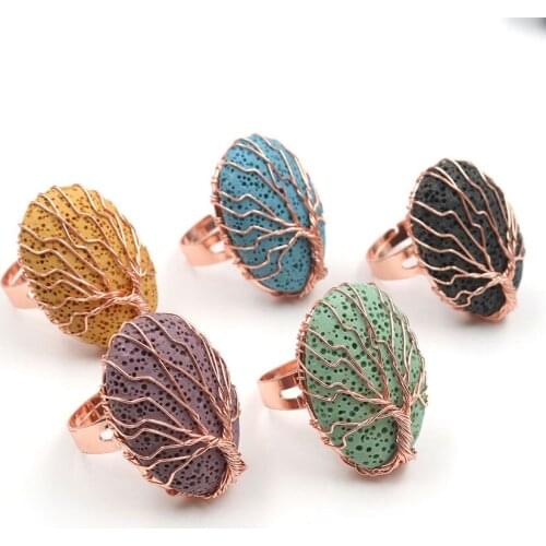 YJXP Oval Shaped Adjustable Finger Ring Rose Gold Wire Wrapped Tree of Life Natural Lava Volcanic Stone Jewelry Anniversary Gift