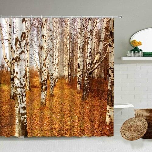 Forest Autumn Scenery Shower Curtain Birch Tree Leaves Natural Landscape Bathroom Bathtub Waterproof Screen With Hook Home Decor