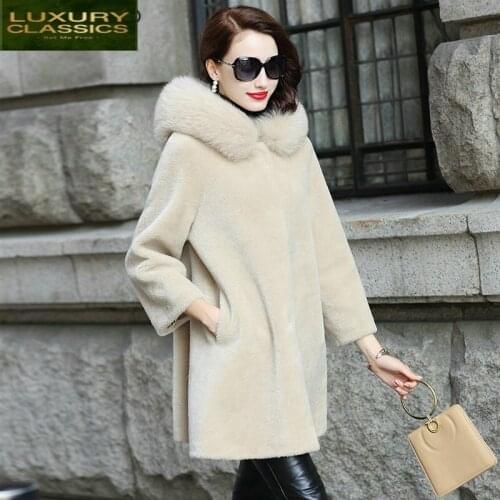 Sheep Coat Real Fur Shearing Coats Female 100% Natural Wool Jacket Women Fox Fur Hooded Warm Long Parka Clothes LWL1374