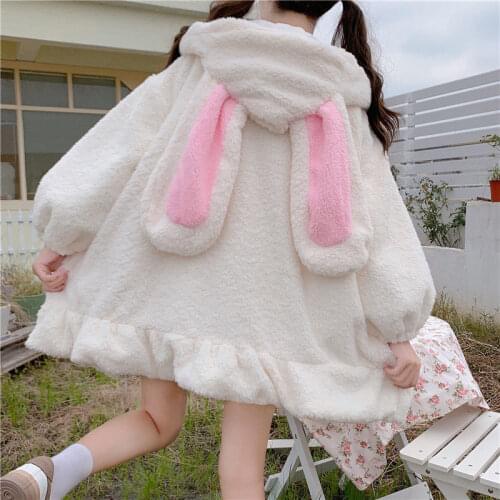 Bunny hoodie Women Large Size Solid Zip-up Hooded Rabbit Ears Lolita Cute Sweet Girls Harajuku Fleece Warm Baggy Black White