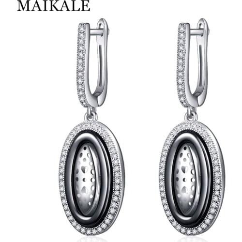 MAIKALE Trendy Round Black White Ceramic Drop Earrings for Women Silver Color Hollow Heart Cubic Zirconia Hanging Earrings Gifts