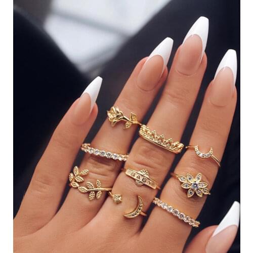 Yobest Gold Ring Set Vintage Leaf Star Moon Geometric Crystal Ring Set Women Charm Joint Ring 2020 Fashion Jewelry