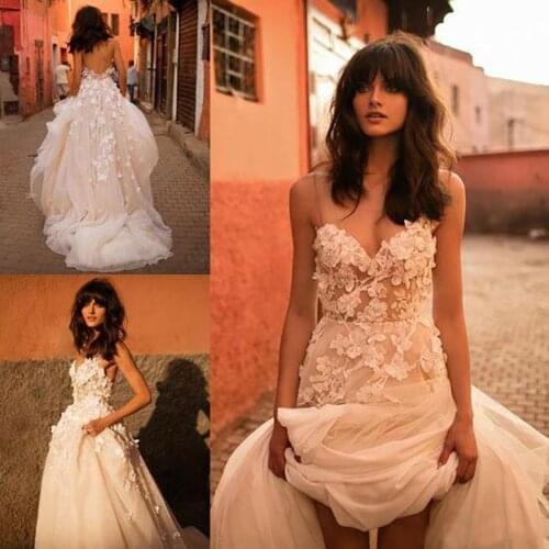 Princess Wedding Dresses robe de marie Sweetheart Flower Appliqued Champagne Tulle Backless Boho Bride Dress vestido de novia