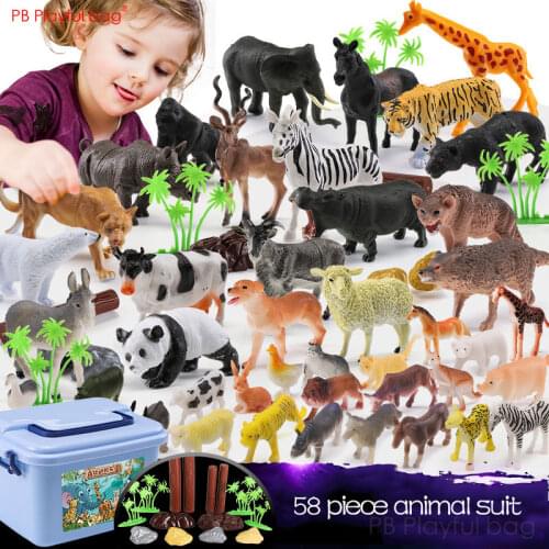 Playful bag 58pcs Animals figures Mini Zoo suit Children learing toys Animal model suit Creative baby toys Kids gifts HG40