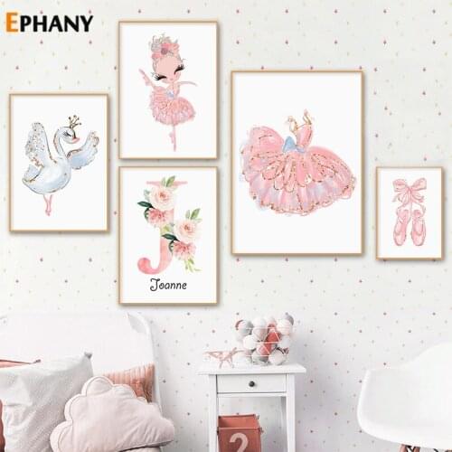 Ballet Girl swan Print Nursery Canvas Painting Custom Name Wall Art Pink Flower Poster Nordic Picture Girl Baby Room Decoration