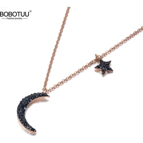 BOBOTUU Fashion Jewelry Star & Moon Pendant Black Rhinestones Rose Gold Color Pendant Necklace Chirstmas Gift BN18238
