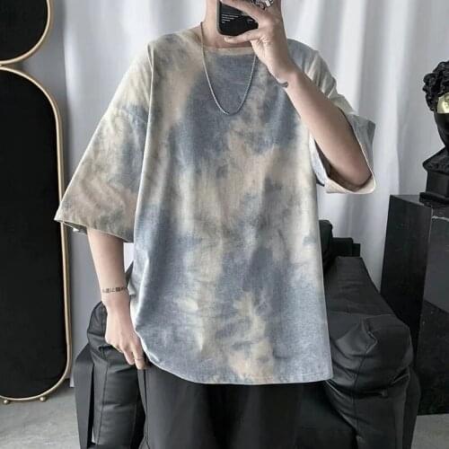 Short-sleeved t-shirt mens loose round neck five-point sleeve autumn tie-dye top