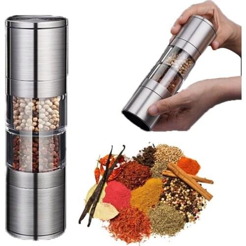 Stainless Steel Salt Pepper Mill Grinder Camping Spice Jar Container Seasoning Storage Box Manual Dual Hand Spice Mill Grinder