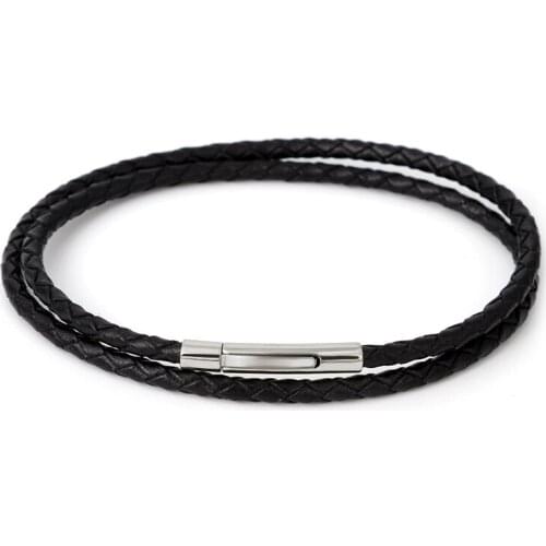 New Fashion Two Circles 3mm Thin Weave Black Leather Bracelet for Men Trendy Stainless Steel Silver Gold Magnet Buckle Bracelet