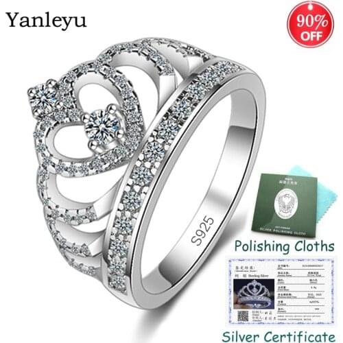 Send Silver Certificate! Yanleyu Princess Bridal Crown Ring Genuine 925 Sterling Silver AAA Zircon Wedding Rings for Women PR257