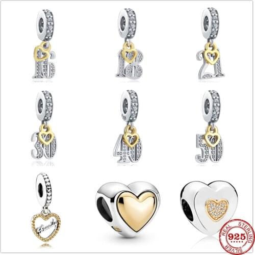 New 925 Sterling Silver 16 18 21 30 40 50 Digital Pendant Heart Charm bead Fit Original Pandora Bracelet DIY Jewelry For Women