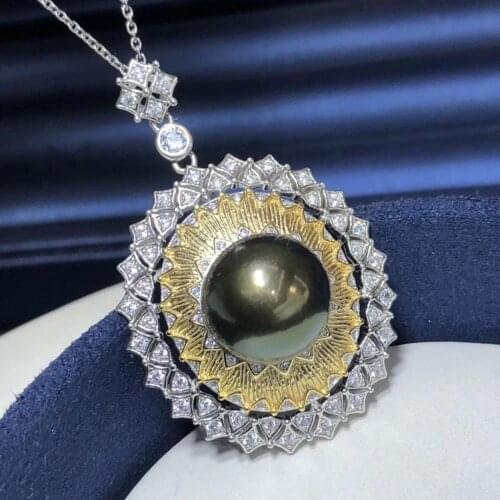 D327 Pearl Pendant Fine Jewelry 925 Sterling Silver Natural 13-14mm Fresh Water Black Pearl Pendant Necklace for Women
