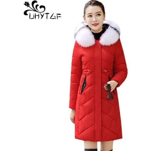 UHYTGF New down jacket parkas mujer 2019 Fur collar hooded Thicken warm winter coat womens Korean Slim 3XL plus size jacket 584