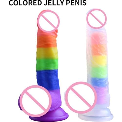 Liquid Silicone Jelly Realistic Dildo With Suction Cup Rainbow Color Dildo Sex Toys for Woman Artificial Penis G-Spot Simulation