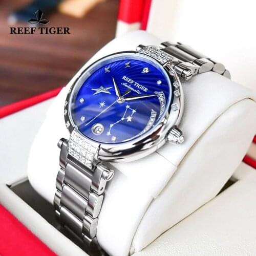Reef Tiger/RT Top Brand Luxury Women Watch Ceramic Bracelet Diamond Automatic Mechanical Watches Waterproof Clock