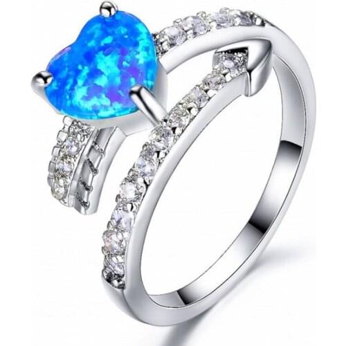 Romantic Style Silver Plated Love Heart Blue Opalite Opal Finger Ring with Rhinestone Inspiration Jewelry