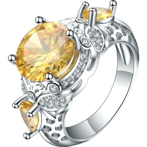 Luxury Yellow Cubic Zirconia Ladies Flower Ring Design White Gold Filled Romantic Custom Jewelry Women Finger Rings Charm Bagues