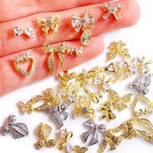 Luxury Crystal Zircon Nail Art Strass Jewelry Gold/SIlver Bowtie Butterfly Fashion Designs 3D Charms For Nail Art Decoration
