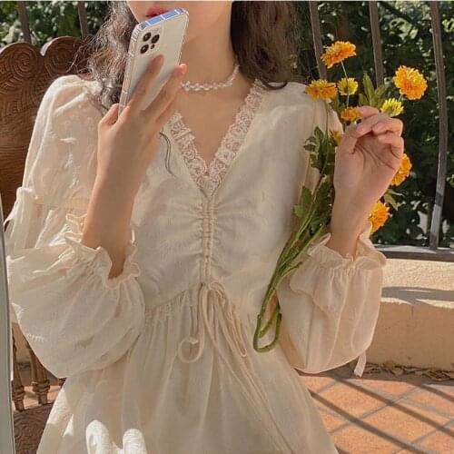 Vintage Elegant Solid Fairy Dress Women Kawaii Sweet Short Sleeve Midi Dress Cute Holiday Lace V Neck Dresses Summer 2021