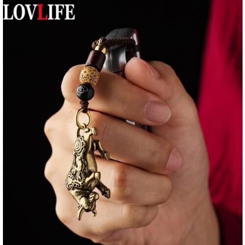 Vintage Brass Zodiac Animal Bull Lanyard Keychain Pendants Handmade Woven Rope Car Key Chains Hangings Jewelry Fashion Keyrings