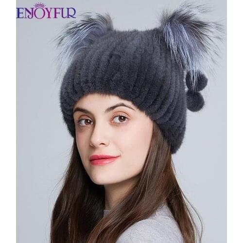 ENJOYFUR Womens genuine mink fur hat with fur pom poms winter autumn lovely cat ear style caps