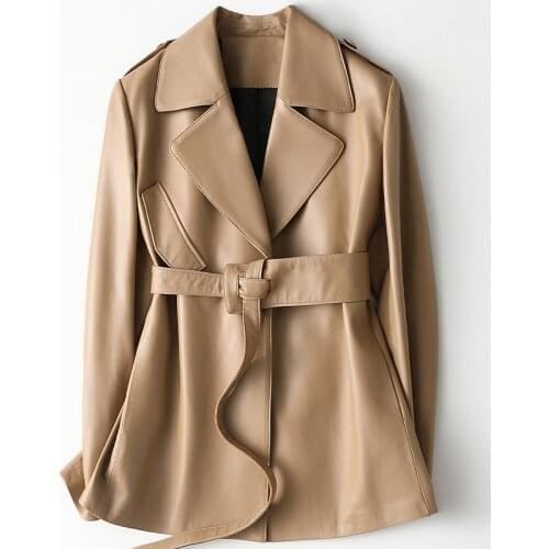 Women 2021 Spring New Female Office Real Leather Mid Length Jacket with Belt Fashion Sheath Temperament Khaki Sheepskin Coat