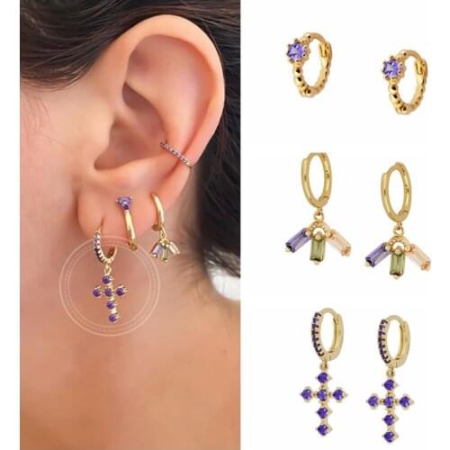 925 Sterling Silver Rainbow/Purple Zircon Cross Pendant Hoop Earrings for Women 2021 Trend Simple Circle Earrings Jewelry Gifts