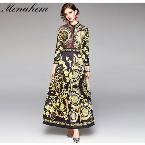 Menahem 2021 Autumn Runway Robe Maxi Dress Womens Long Shirt Sleeve Single Breasted Flower Golden Printed Vintage Vestidos